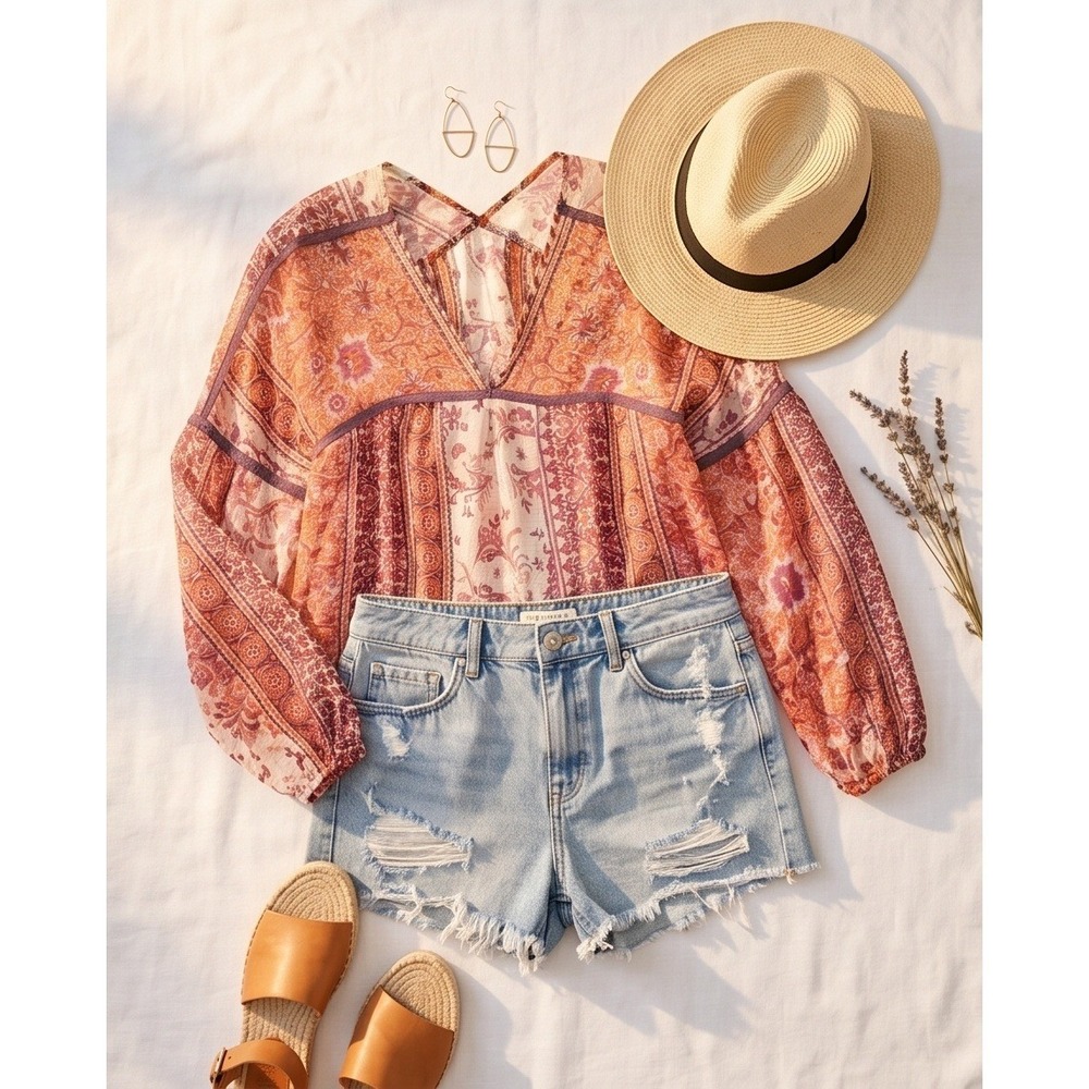 Maeve Anthropologie S Silk Paisley Metallic Stripe Blouse Orange Purple Small‎ - Picture 14 of 15